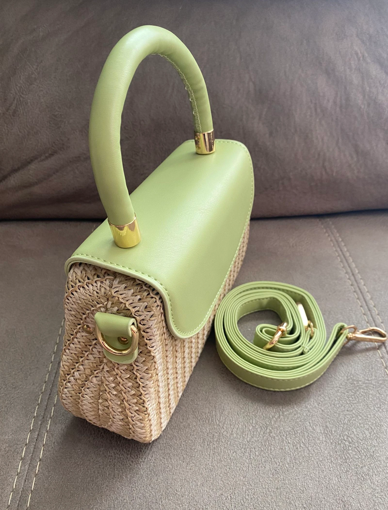 Pistachio Green Raffia and Faux Leather Trunk Bag – photo 2